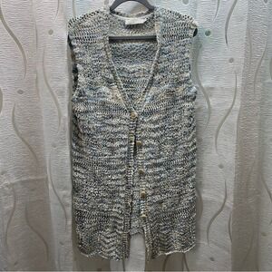 Cream‎ Knit Crochet Long Vest Cardigan Open Front Button Up Tan Blue Ivory L
